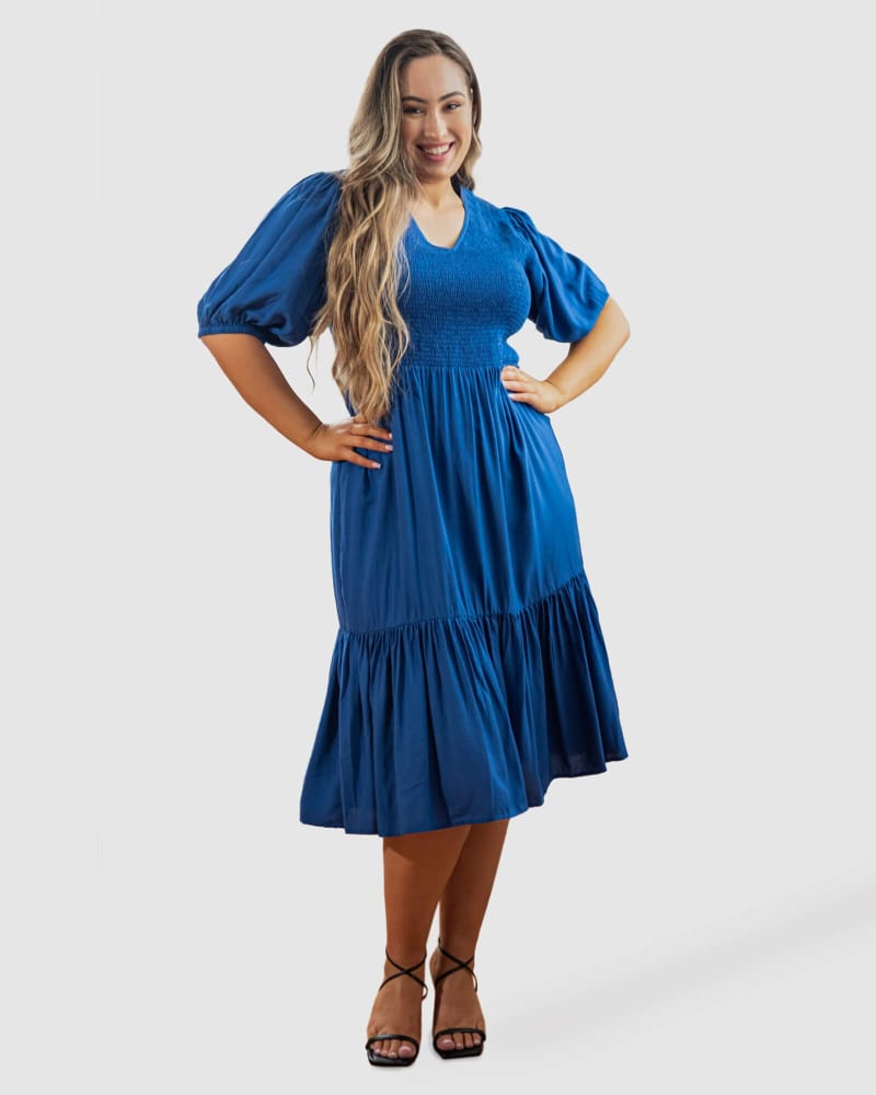 Front of a model wearing a size 12 Mia Blouse Sleeve Dress in Cobalt by Dani Marie. | dia_product_style_image_id:232593